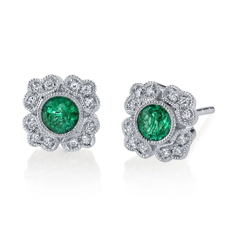 Colorful Dangle Earrings-14K White Gold 0.45ct. Emerald & 0.15ct. Diamond Antique Inspired Stud Earrings