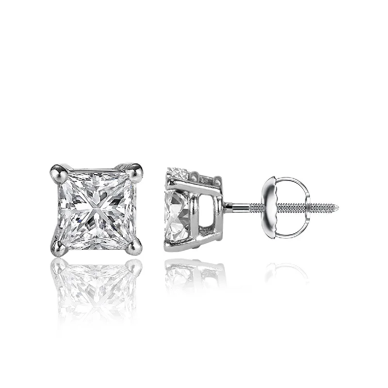 Geometric Drop Earrings-3/4 Carat Princess Cut 14K White Gold 4 Prong Basket Set Diamond Solitaire Stud Earrings (Signature Quality)