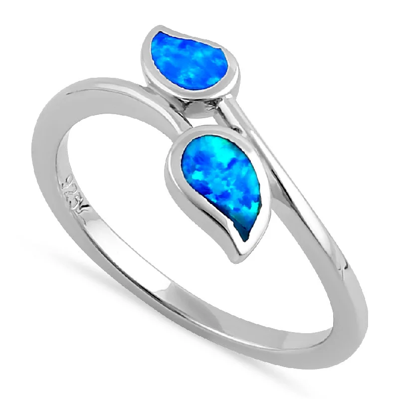 Designer Rose Gold Rings-Sterling Silver Blue Lab Opal Double Leaf Wrap Ring