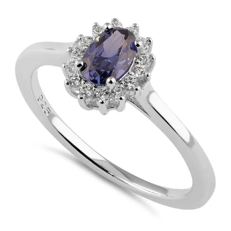 Large Statement Engagement Rings-Sterling Silver Oval Blue Tanzanite Halo CZ Engagement Ring