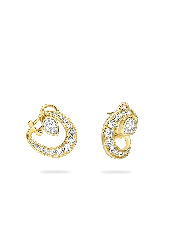 Square Earrings-Lucky Yellow Gold Diamond Horseshoe Earrings