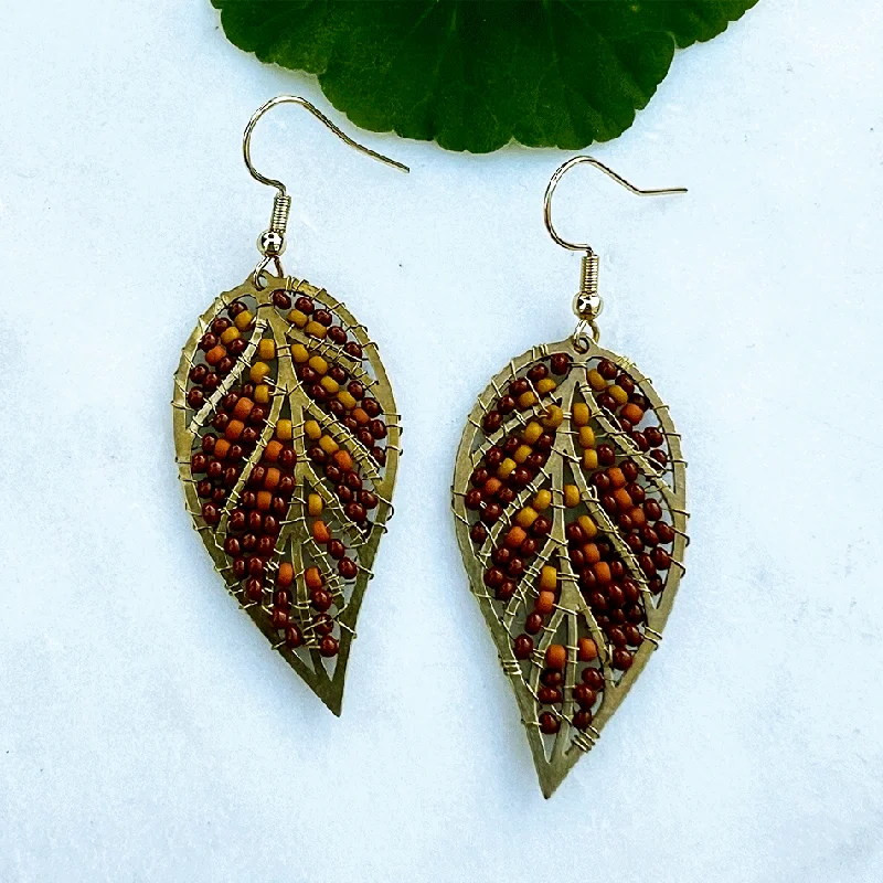 Bright Gold Earrings-Beaded Leaf Earrings - Autumn, Guatemala