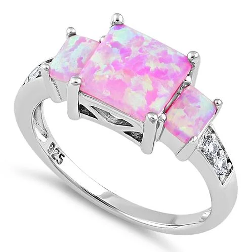 Custom Wedding Band Sets-Sterling Silver Pink Lab Opal Square CZ Ring