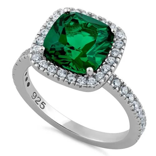 Silver Engagement Rings-Sterling Silver Cushion-Cut Green CZ Ring