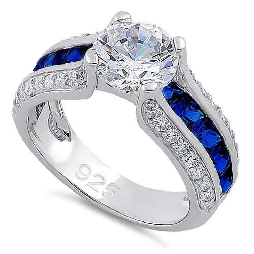 Men’s Gold Rings-Sterling Silver Blue Row CZ Engagement Ring