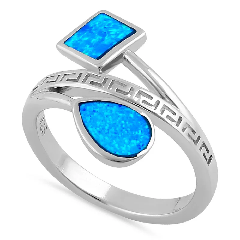 Customizable Engagement Ring Sets-Sterling Silver Blue Lab Opal Greek Pear Square Ring