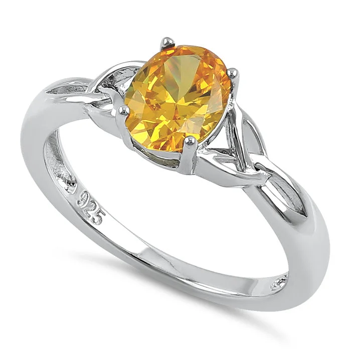 Platinum Wedding Bands-Sterling Silver Charmed Oval Yellow CZ Ring