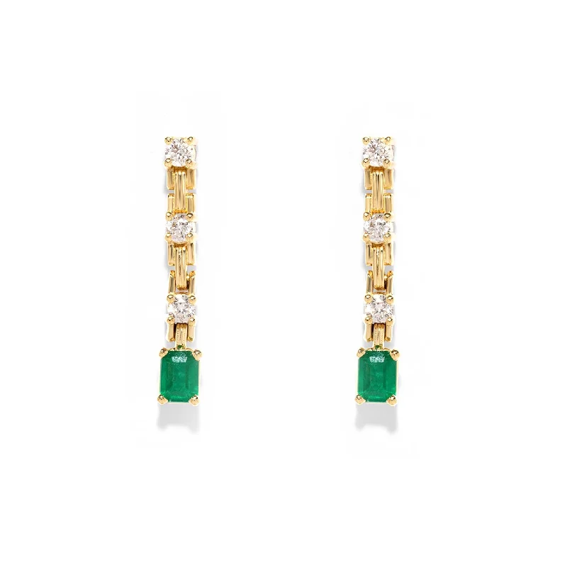 Long Silver Earrings-Emerald and Diamond Line Drop Earrings