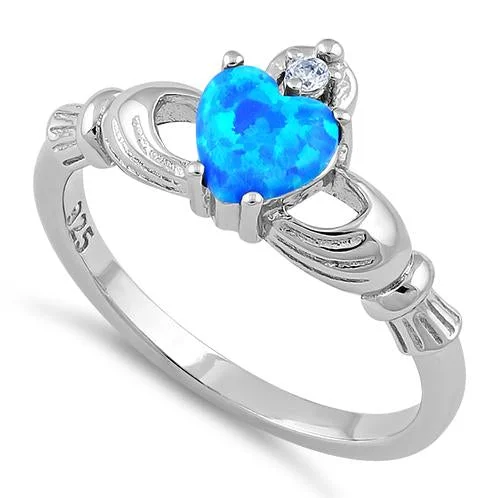 Promise Rings with Custom Engraving-Sterling Silver Claddagh Lab Opal CZ Ring