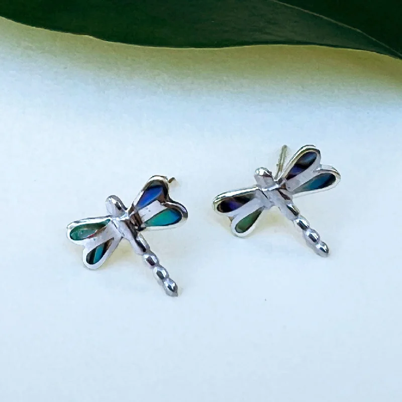 Pearly Silver Earrings-Pre-order! Abalone Dragonfly Studs - Sterling Silver, Indonesia