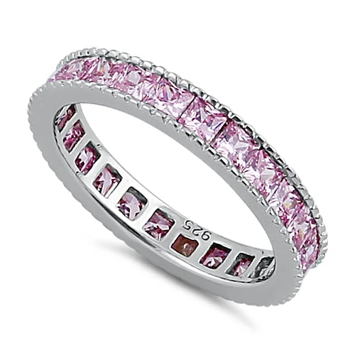 Unique Silver Rings-Sterling Silver Pink Eternity Band Ring