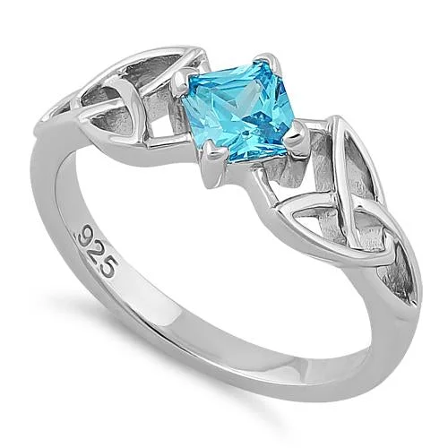 Minimalist Engagement Rings-Sterling Silver Celtic Princess Cut Aqua Blue CZ Ring