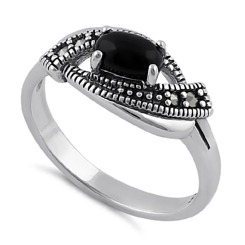 Classic Silver Wedding Rings-Sterling Silver Black Onyx Evil Eye Marcasite Ring