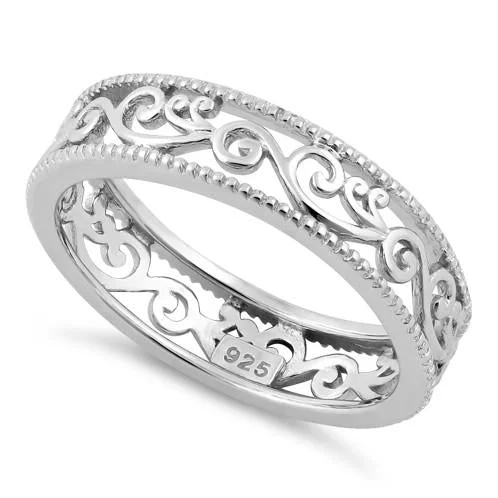 Eternity Diamond Wedding Bands-Sterling Silver Floral Band Ring