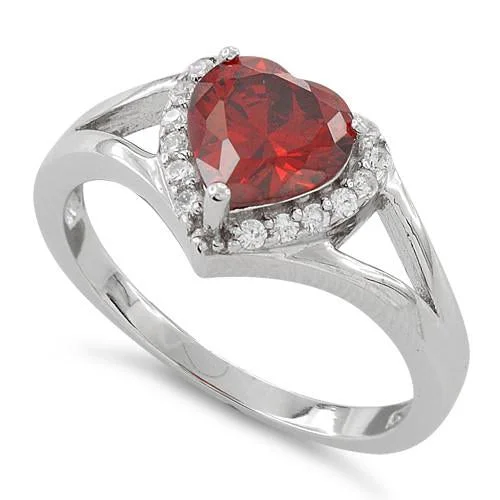 Art Deco Rings-Sterling Silver Heart Shape Garnet CZ Ring