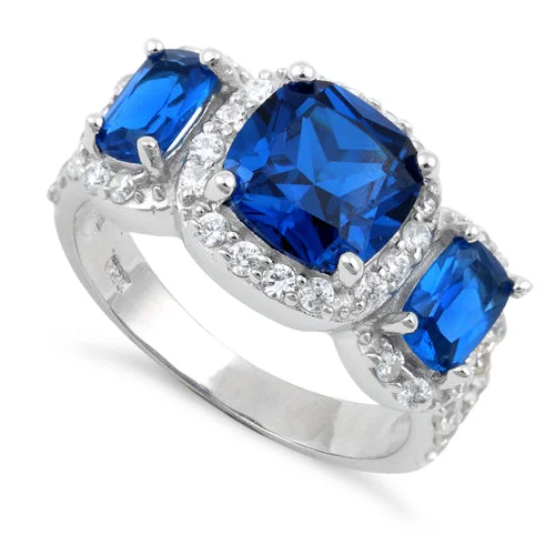 Simple Silver Engagement Rings-Sterling Silver Blue Three Stone Halo CZ Ring