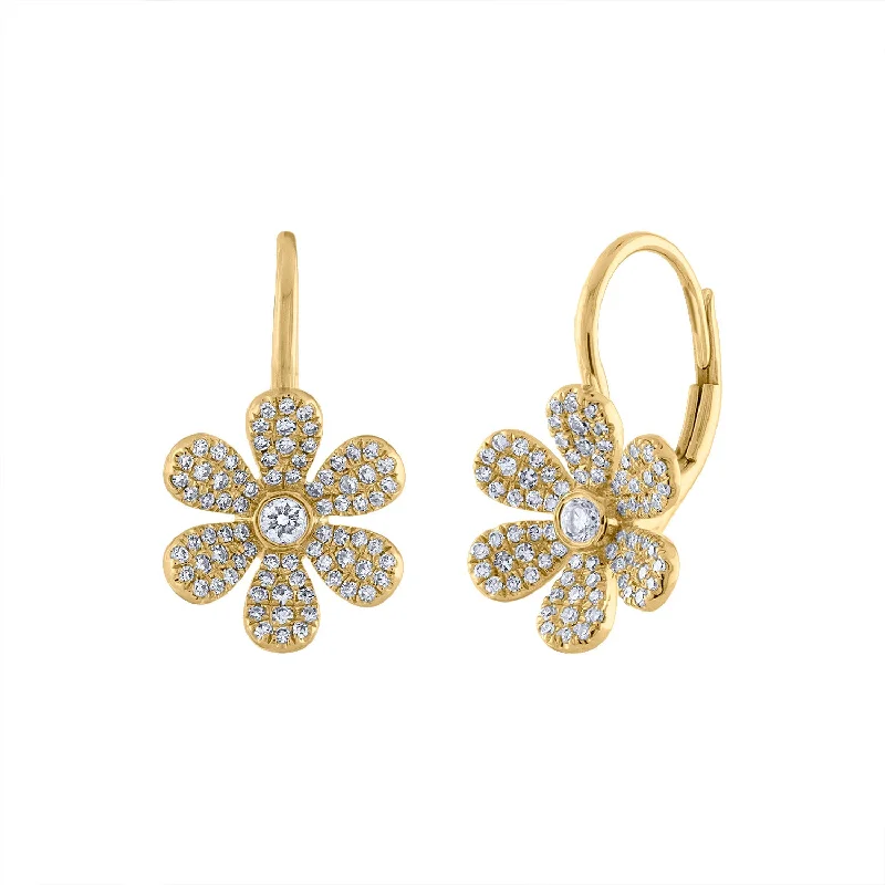 Fashionable Drop Hoop Earrings-14KT GOLD DIAMOND DAISY EURO EARRING