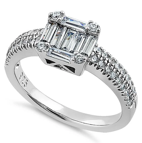 Affordable Promise Rings-Sterling Silver Baguette Straight & Round Cut Clear CZ Engagement Ring