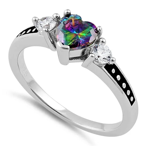 Wedding Ring with Customizable Stones-Sterling Silver Heart Rainbow Topaz CZ Ring