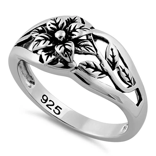 High-End Wedding Band Sets-Sterling Silver Flower Ring