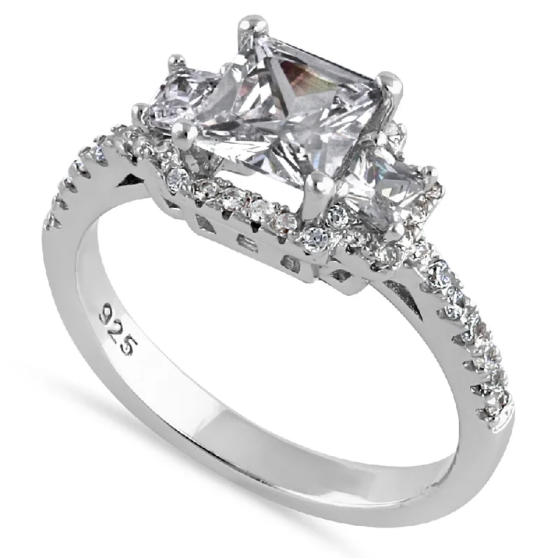 Custom Ring Sets for Couples-Sterling Silver Cathedral Triple Princess Cut Halo Clear CZ Engagement Ring