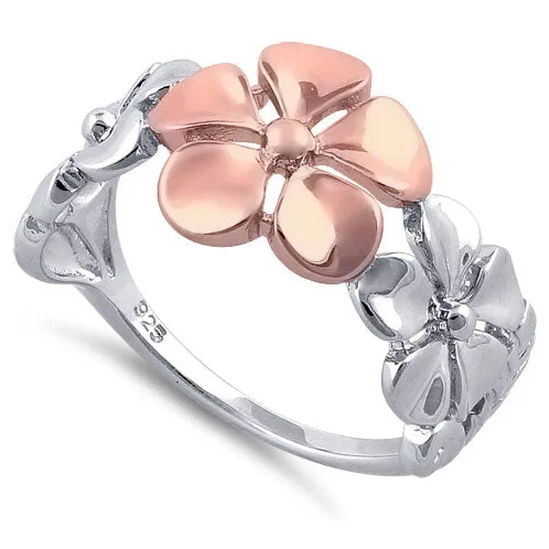 Women’s Wedding Bands with Diamonds-Sterling Silver Two Tone Rose Gold Plated Triple Plumeria Ring