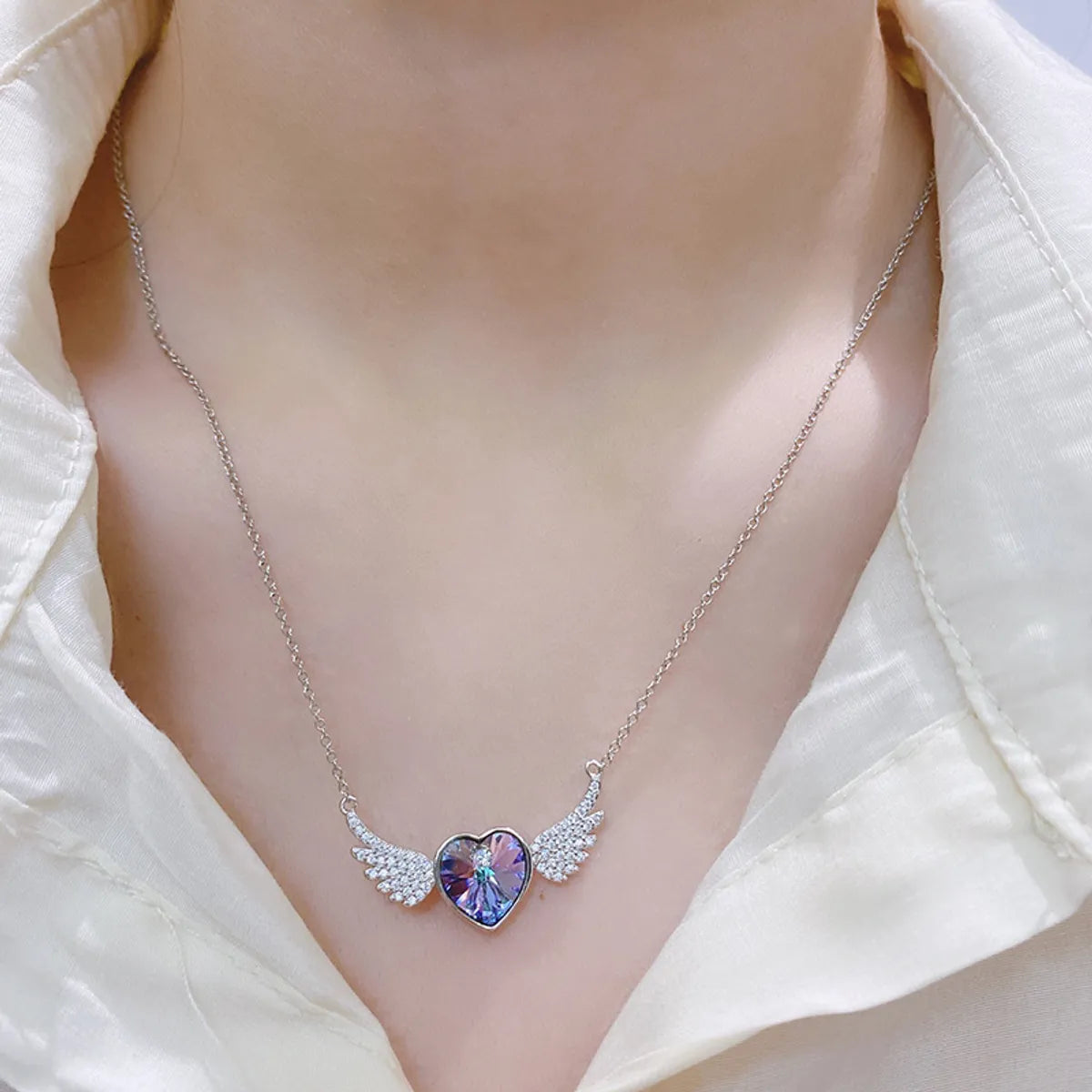 Silk Thread Necklaces-Simple Style Heart Shape Wings Austrian Crystal Sterling Silver Inlaid Zircon Necklace 1 Piece