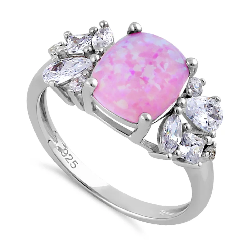 Women’s Stackable Rings-Sterling Silver Elegant Squoval Pink Lab Opal with Clear CZ Ring