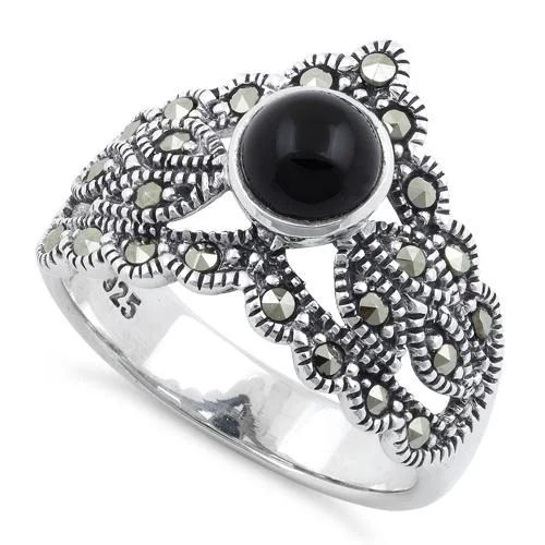 Round Cut Engagement Rings-Sterling Silver Round Black Onyx Tiara Marcasite Ring