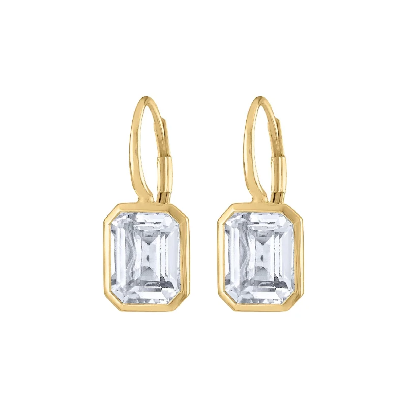 Fancy Gold Earrings-14KT GOLD WHITE TOPAZ BEZEL DROP EARRING