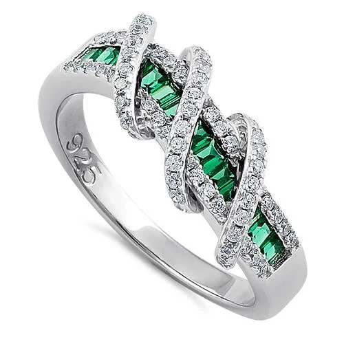 Designer Promise Rings-Sterling Silver Exotic Twisted Green & Clear CZ Ring