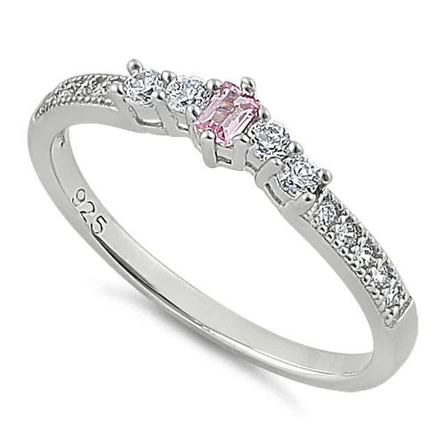 Custom Heart-Shaped Rings-Sterling Silver Emerald Cut Pink CZ Ring