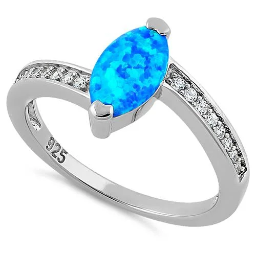 Rose Gold Wedding Rings-Sterling Silver Stylish Blue Lab Opal Marquise Cut & Clear CZ Ring