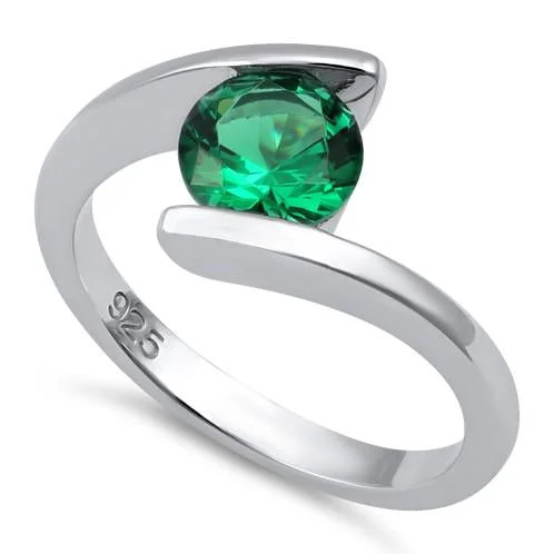 Engraved Wedding Bands-Sterling Silver Round Bezel Emerald CZ Ring