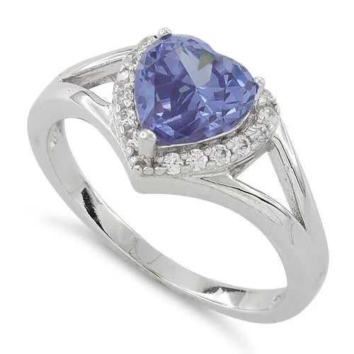 Modern Diamond Rings-Sterling Silver Heart Shape Tanzanite CZ Ring