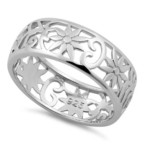 Custom Engagement Rings for Men-Sterling Silver Flower Band Ring