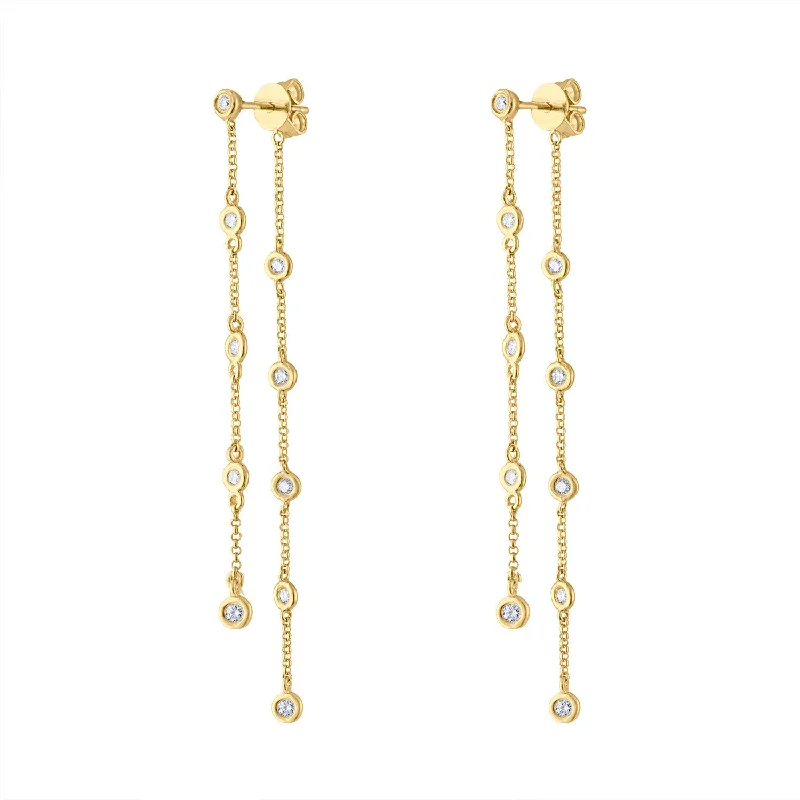 Oval Gold Earrings-14KT GOLD BEZEL SET DIAMOND CHAIN FRONT BACK EARRING