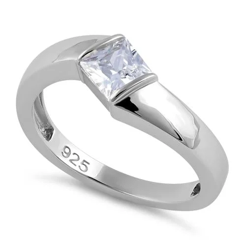 Trendy Fashion Rings-Sterling Silver Channel Bar Square Clear CZ Ring