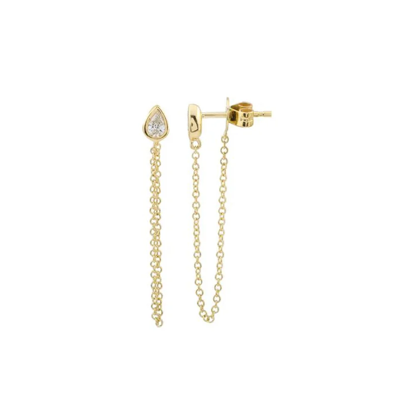 Dainty Gold Earrings-Pear Cut Diamond Chain Earrings