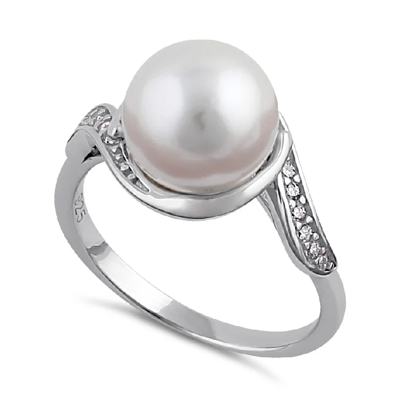 White Gold Wedding Sets-Sterling Silver Pearl and Clear CZ Ring