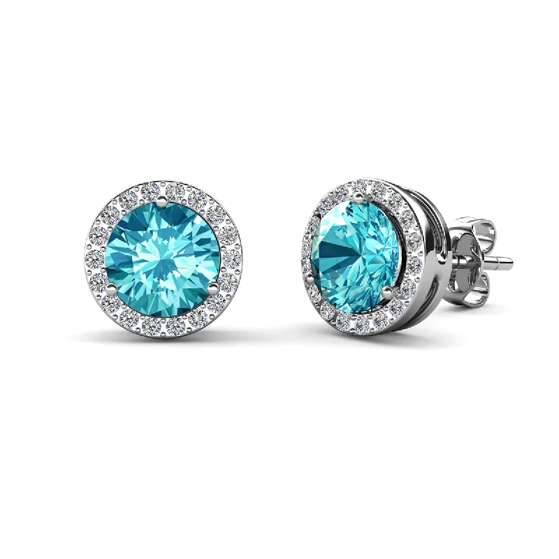 Trendy Gemstone Earrings-Royal 18k White Gold Plated March Birthstone Halo Earrings with Round Cut Aquamarine Swarovski Crystals