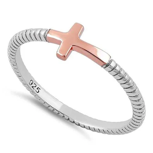 Fashionable Cocktail Rings-Sterling Silver Rose Gold Two Tone Cross Ring