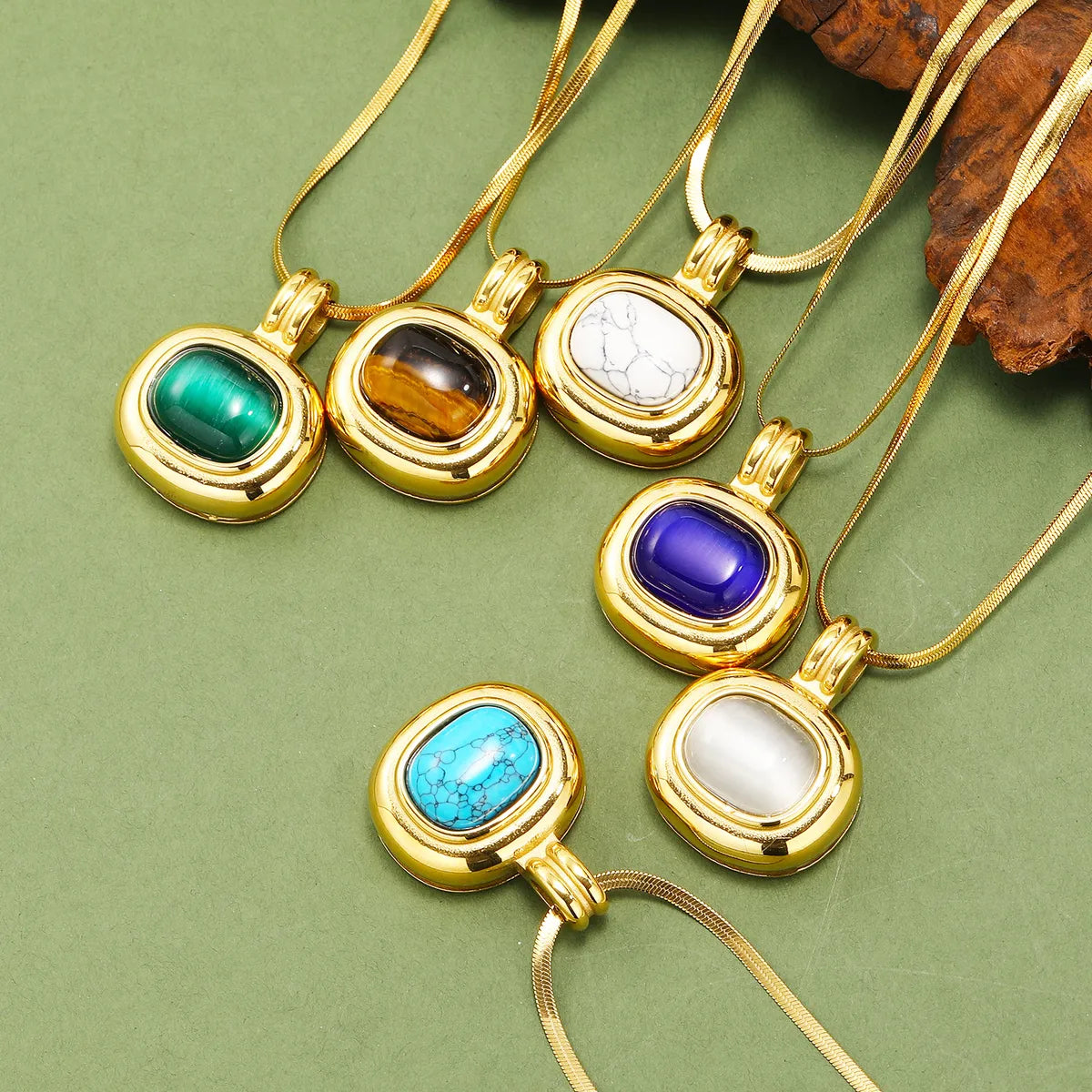 Trendy Gold Necklaces-Titanium Steel IG Style Simple Style Oval Plating Inlay Turquoise Opal Tiger Eye Pendant Necklace