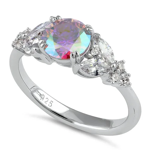 Matching Couples Rings-Sterling Silver Elegant Round Iridescent Rainbow CZ Ring