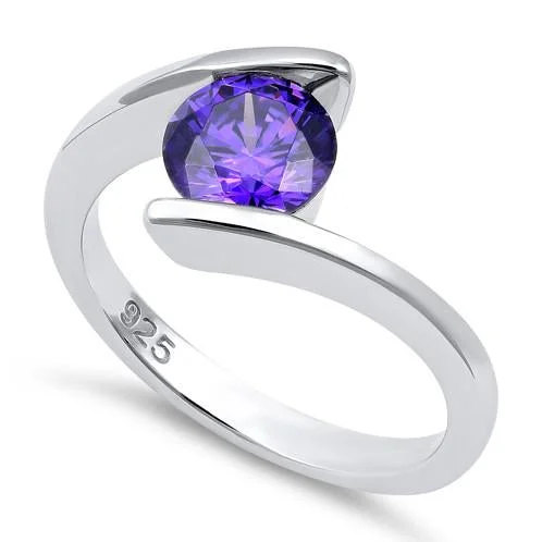 Men’s Vintage Rings-Sterling Silver Round Bezel Amethyst CZ Ring