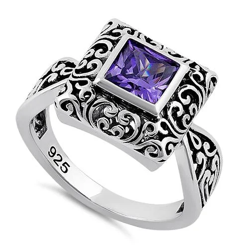 Luxury Engagement Rings-Sterling Silver Amethyst CZ Bali Ring