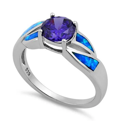 Bridal Rings with Birthstones-Sterling Silver Amethyst Center Round Stone Blue Lab Opal Ring