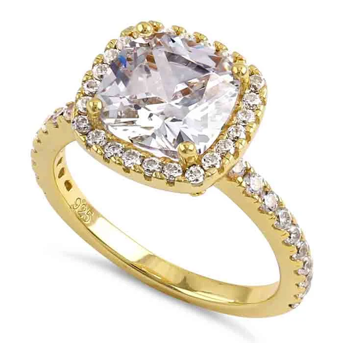 Simple Gold Rings-Sterling Silver Gold Plated Cushion Cut Clear CZ Ring