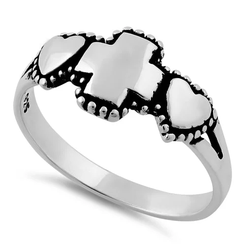 High-End Diamond Rings-Sterling Silver Double Heart Cross Ring