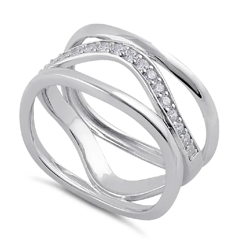 Retro Engagement Rings-Sterling Silver Clear CZ Triple Stack Wave Ring